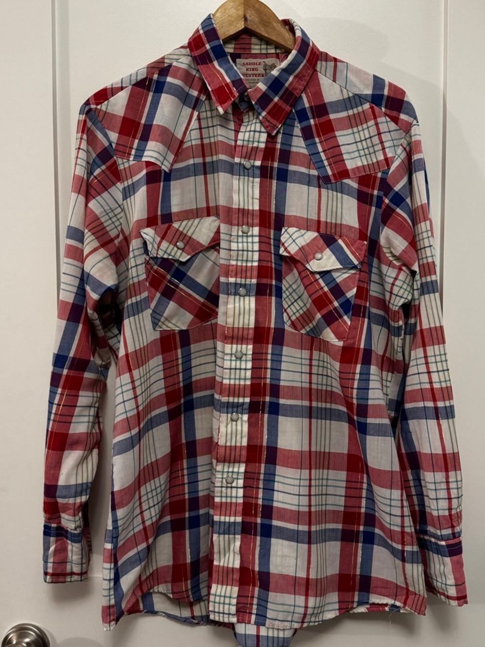 Saddle King Western pearl snap shirt, red, white, blue w/ gold thread L